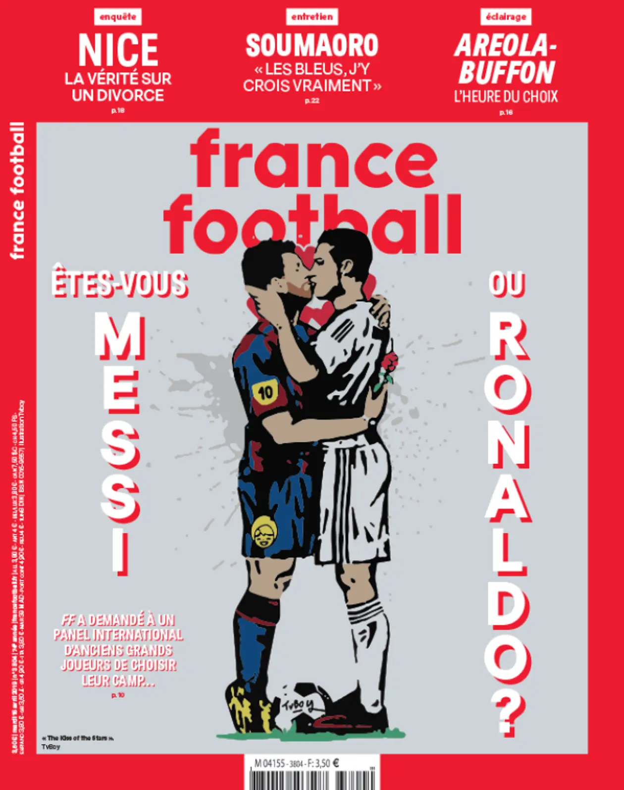 На обложке France Football – целующиеся Месси и Роналду. Этот рисунок появился в Барселоне еще в 2017-м