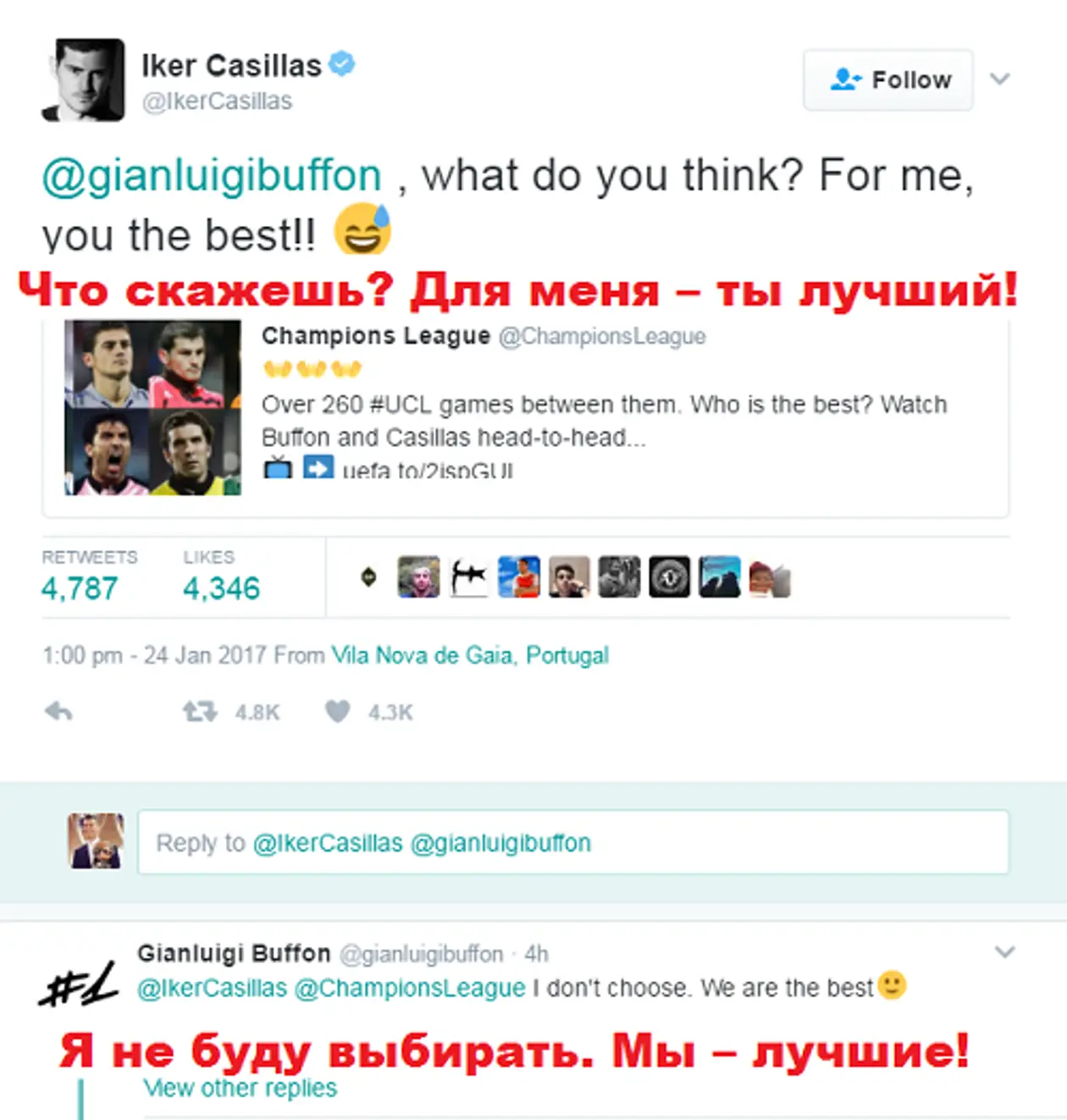 Касильяс и Буффон обсудили запись официального твиттера Лиги чемпионов