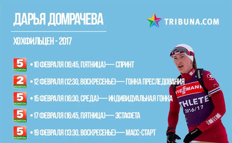 Расписание всех гонок Дарьи Домрачевой на ЧМ в Хохфильцине