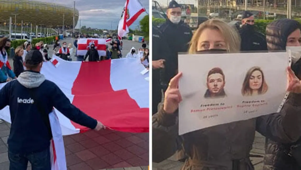 Перед финалом ЛЕ окрестности стадиона заполонили БЧБ-флаги – так беларусы поддержали Протасевича и других политзаключенных