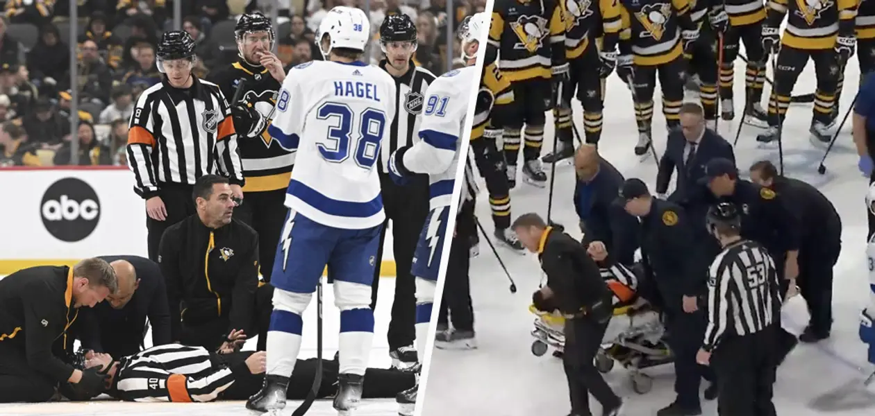 Арбітра НХЛ вынеслі на насілках пасля жудаснага эпізоду на лёдзе – ён сутыкнуўся з гульцом і страціў прытомнасці