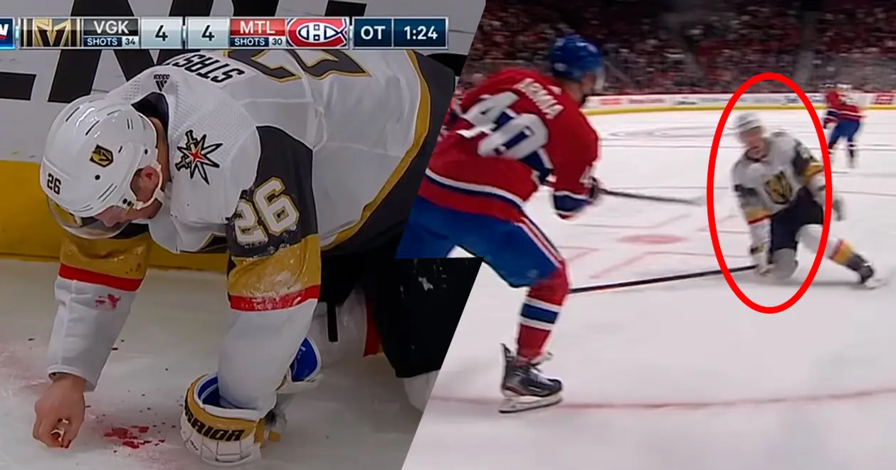Шайба попала игроку НХЛ прямо в лицо. Прежде чем покинуть площадку, он пытался собрать все зубы 😖