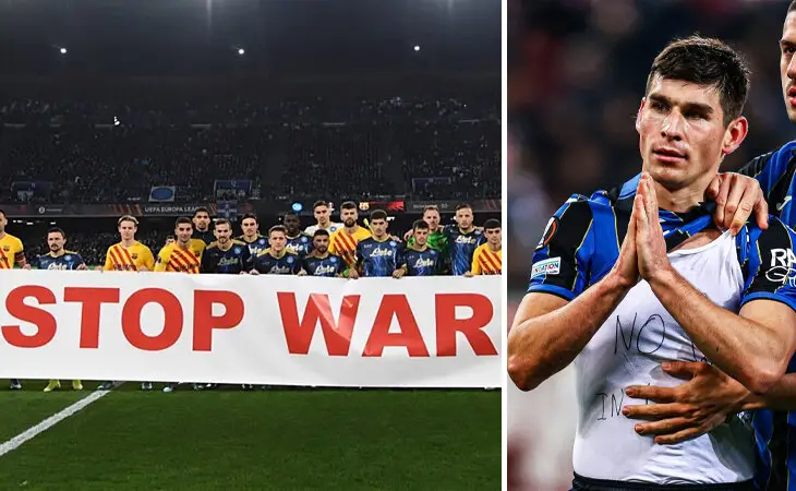 Поддержка Украины на спортивных аренах: «Барселона» с «Наполи» против войны, сине-желтый флаг на матче россиян, послание Путину в Литве